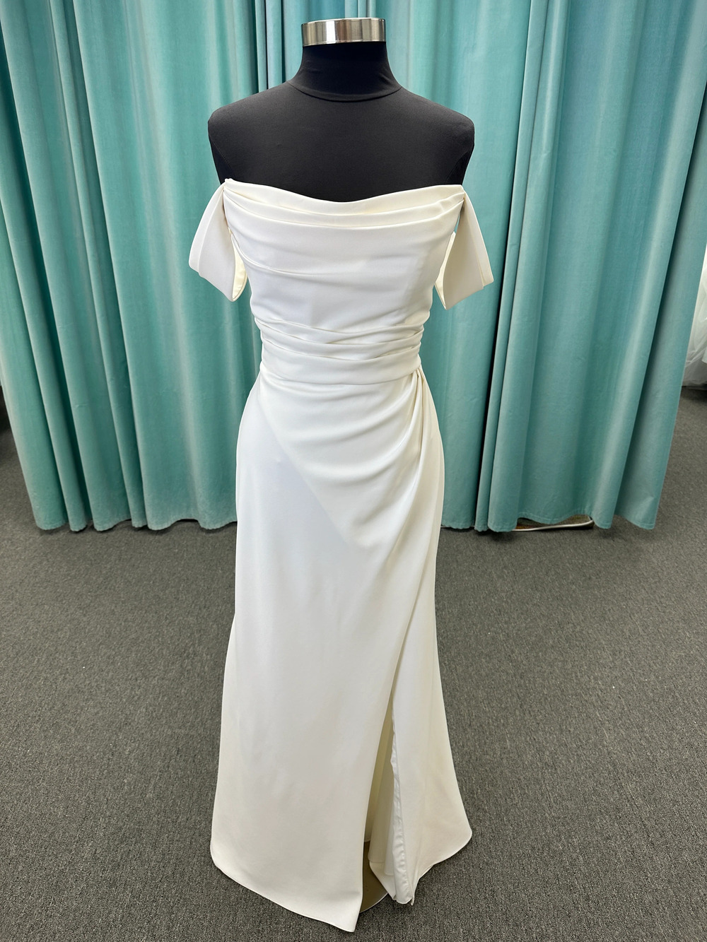 Tai Off-the-Shoulder Draped Crepe Sheath Wedding Dress with Slit Sz 14 Ivory